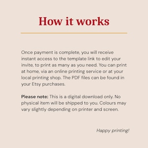 May include: A beige digital download information sheet with the headline "How it works" in burgundy. The text explains how to access and print the digital template after purchase. It also notes that it is a digital download and colors may vary.