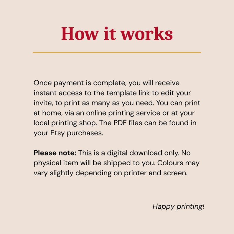 May include: A beige digital download information sheet with the headline "How it works" in burgundy. The text explains how to access and print the digital template after purchase. It also notes that it is a digital download and colors may vary.