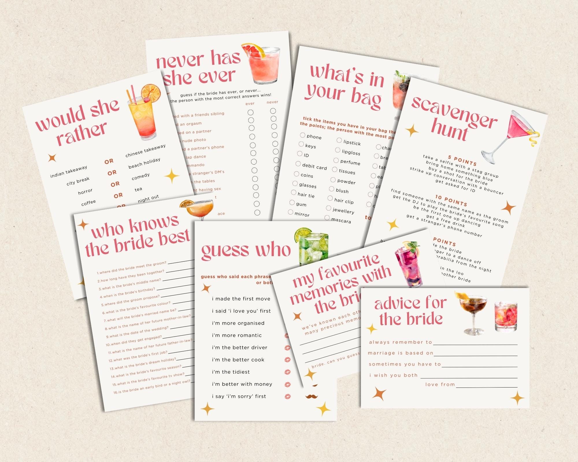 Bachelorette Party Games, Printable Bundle for Hen Party, Multiple Cocktail Bachelorette Games for Adults, Hen Do Fun Bridal Shower Games