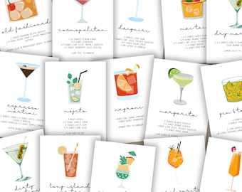 Printable Cocktail Recipe Bundle, Drink Recipe Cards, Home Bar Wall Art Printable, Mixology Gift, Drink Cards for Weddings Party DIY Menu