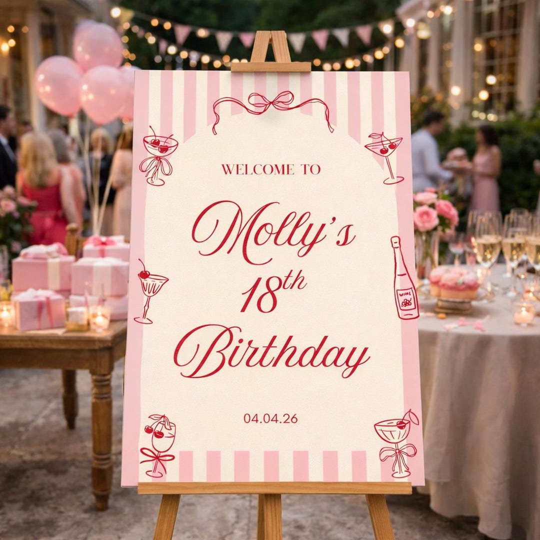 18th Birthday Welcome Sign, Editable Canva Template, Pink Red Striped ...