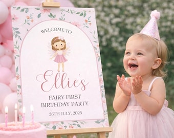 Girls Birthday Welcome Sign, Personalised Printable Sign, Purple Pink Fairy First Birthday Party Sign, Editable 1st Birthday Welcome Poster