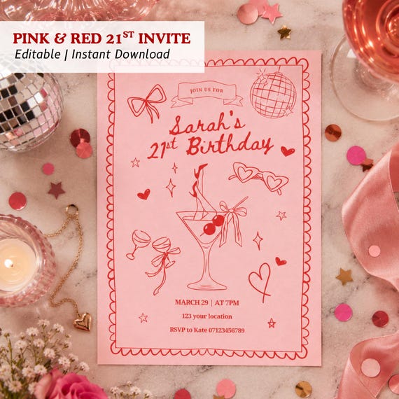 21st Birthday Invitation Template, Pink Birthday Invite, Coquette Party Invitation, Editable Canva Template, 21st Birthday Party