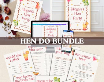 Cocktail Bachelorette Party Bundle | 8 Printable Games + Editable Invitation and Welcome Sign | Fun Hen Party Decorations & Activities