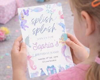 Meerjungfrau-Geburtstagseinladung druckbar, unter dem Meerparty einladen, Splish Splash Kindergeburtstag, Mädchenparty-Digital einladen, bearbeitbar
