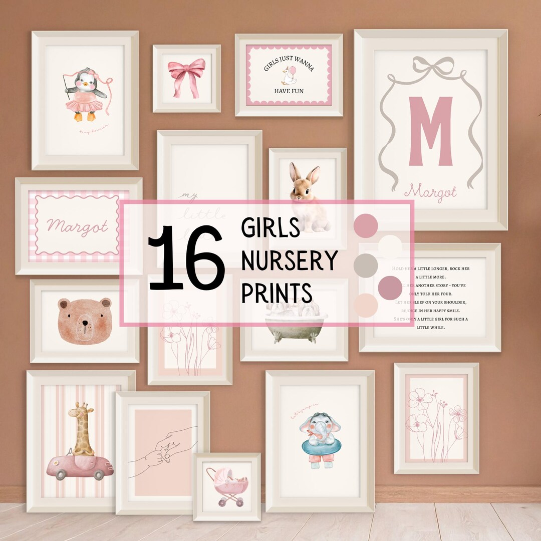 Girls Nursery Wall Art Printable | 16 Piece Gallery Wall Bundle ...