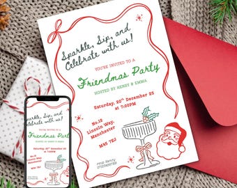 May include: A festive white invitation card with red and green text and illustrations, including a Santa Claus and a cocktail glass. The invitation reads "Friendmas Party" and includes event details. A red envelope is visible.