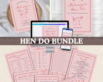 Cocktail Bachelorette Party Bundle | 8 Printable Games + Editable Invitation and Welcome Sign | Fun Hen Party Decorations & Activities