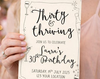 Printable 30th Birthday Invitation, Editable Thirty & Thriving Party Invite, 30th Birthday Template, Digital Download, Instant Party Invite