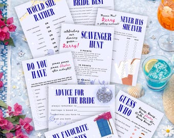 Juego imprimible editable de 8 piezas para despedida de soltera con temática de Mamma Mia - Actividades para despedidas de soltera y fiestas prenupciales de ABBA, descarga instantánea.