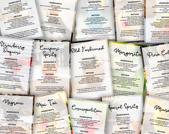 Printable Cocktail Recipe Bundle, Drink Recipe Cards, Home Bar Wall Art Printable, Mixology Gift, Drink Cards for Weddings Party DIY Menu