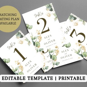 Modello modificabile per segnaposto per matrimonio - Personalizzato, Forniture per matrimonio, Numeri per tavolo per matrimonio, Eucalipto, Stampabile