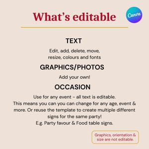 May include: A beige graphic with the text "What's editable" in burgundy. The graphic lists editable elements: text, graphics/photos, and occasion. The Canva logo is in the upper right corner. Text can be edited, added, deleted, moved, resized, and recolored.