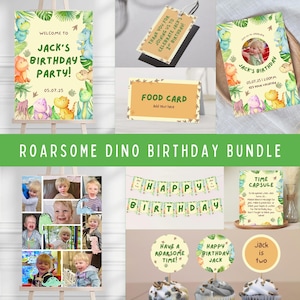 Dino Birthday Decorations Bundle – Editable Digital Party Templates | Dinosaur Invitation Bundle | 9‑Piece Printable Decor - Birthday Boy