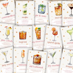 Printable Cocktail Recipe Bundle, Drink Recipe Cards, Home Bar Wall Art Printable, Mixology Gift, Drink Cards for Weddings Party DIY Menu
