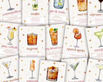 Printable Cocktail Recipe Bundle, Drink Recipe Cards, Home Bar Wall Art Printable, Mixology Gift, Drink Cards for Weddings Party DIY Menu