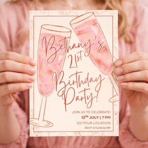 Pink 21st Birthday Invitation, Printable Champagne Toast Invite, Editable 21st Birthday Party Template, Digital Download