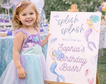 Letrero de bienvenida imprimible para cumpleaños de niñas, letrero para fiesta bajo el mar, decoración de sirena personalizada, letrero digital de cumpleaños, plantilla editable