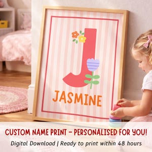 Nom de fille personnalisé art mural, décoration florale de chambre de bébé avec lettre initiale, impression personnalisée de chambre de bébé fille, cadeau poster monogramme à rayures roses