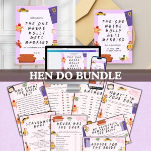 Könnte beinhalten: Ein Junggesellinnenabschied-Bundle mit Einladungen, Spielen und Dekorationen. Die Einladung zeigt den Text "The One Where Molly Gets Married" mit Cartoon-Grafiken. Spiele sind "Who Knows The Bride Best" und "Scavenger Hunt".