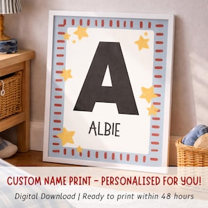 Personalised Boys Initial Wall Art | Custom Name Nursery Print | Boys Bedroom Decor | Boho Kids Print, Printable Kids Wall Art | A1 A2 A3 A4