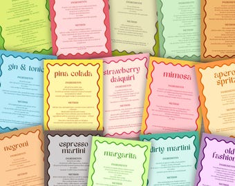 Printable Cocktail Recipe Bundle, Drink Recipe Cards, Home Bar Wall Art Printable, Mixology Gift, Drink Cards for Weddings Party DIY Menu
