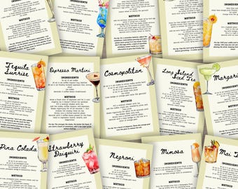 Printable Cocktail Recipe Bundle, Drink Recipe Cards, Home Bar Wall Art Printable, Mixology Gift, Drink Cards for Weddings Party DIY Menu