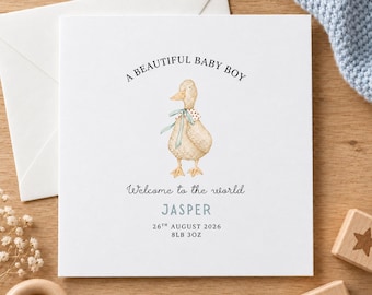 Gepersonaliseerde geboortekaart voor een jongetje, schattig eendje, Welkom in de wereld, Naam, geboortedatum en gewicht, Gefeliciteerd aan de nieuwe ouders