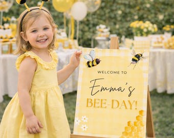 Bee-Day Birthday Welcome Sign, Printable Bee Party Sign, Bumble Bee Birthday Decor, Editable Bee Birthday Poster, Bee Day Sign