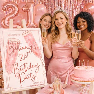 Pink 21st Birthday Welcome Sign, Printable Party Sign, Editable 21st Birthday Decor, Digital Download, Champagne Party Sign