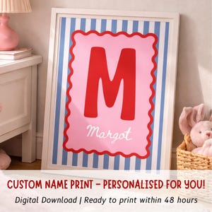 Gepersonaliseerde eerste afdruk meisjes – aangepaste naam kunst aan de muur – roze kinderkamer decor – afdrukbare kinderkamer, retro groovy ontwerp, digitale download