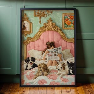 Scène de chambre à Coucher vintage confortable - fille lisant avec des chiens, Kunstwandgemälde, charmante Dekoration résidentielle, Conception de maison rustique, impression numérique 42