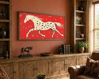 Long Horizontal Wall Art Rustic Folk Horse Canvas Print, Vintage Style, Bold Red Cream Black (Large Size, Living Room Wall Art, 473)