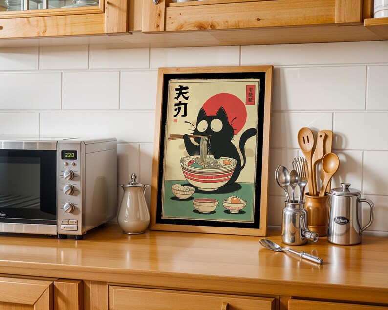 Hungry Cat in Tokyo" – Ramen Cat Poster | Vintage Noodles Print | Japanese Ramen Wall Art for Cat Lovers, hungry cat poster, noodles vintage cat, ramen cat poster, tokyo black cat art, ramen cat art print, ramen lover wall art, japanese ramen cat, cat food poster, japan cat poster, ramen noodles japan, cute cat ramen, japan food poster, noodle cat japan