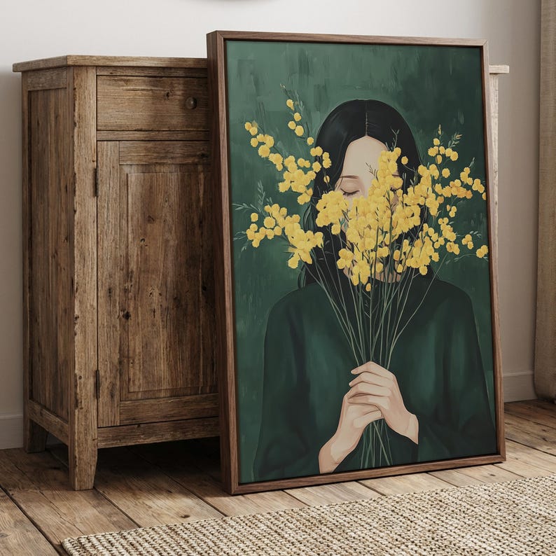 Emerald Green Woman With Mimosa Flowers Art Print : Floral Portrait ...
