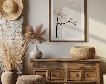 Moon and Branch | Wabi-Sabi Japandi Wall Art | Minimalist Zen Nature Painting | Scandinavian Neutral Decor 741