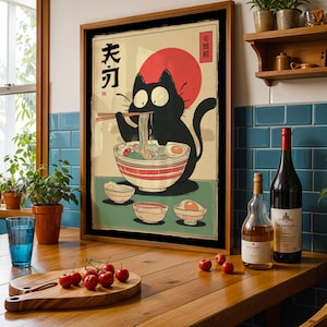 Hungry Cat in Tokyo" – Ramen Cat Poster | Vintage Noodles Print | Japanese Ramen Wall Art for Cat Lovers, hungry cat poster, noodles vintage cat, ramen cat poster, tokyo black cat art, ramen cat art print, ramen lover wall art, japanese ramen cat, cat food poster, japan cat poster, ramen noodles japan, cute cat ramen, japan food poster, noodle cat japan