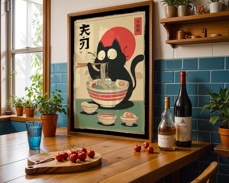 Hungry Cat in Tokyo" – Ramen Cat Poster | Vintage Noodles Print | Japanese Ramen Wall Art for Cat Lovers, hungry cat poster, noodles vintage cat, ramen cat poster, tokyo black cat art, ramen cat art print, ramen lover wall art, japanese ramen cat, cat food poster, japan cat poster, ramen noodles japan, cute cat ramen, japan food poster, noodle cat japan