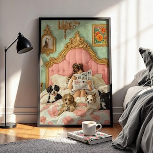 Cozy Vintage Bedroom Scene - Girl Reading with Dogs, Printable Wall Art, Charming Residential Decor, Rustic Home Design, Digital Print 42