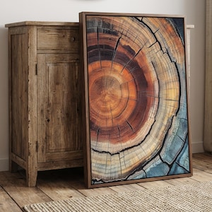 Könnte beinhalten: Ein rechteckiges gerahmtes Wandbild mit einem hochauflösenden Druck eines Baumstammquerschnitts. Das Bild zeigt konzentrische Jahresringe in leuchtenden Orange-, Braun-, Gelb- und tiefen Blautönen, eingefasst in einen dunklen Holzrahmen.