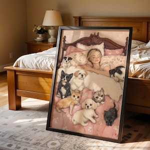 Cozy Bedroom with Dogs - Printable Wall Art, Vintage Pet Scene, Rustic Bed Decor, Charming Cottagecore Style, Canine Companions Print 41
