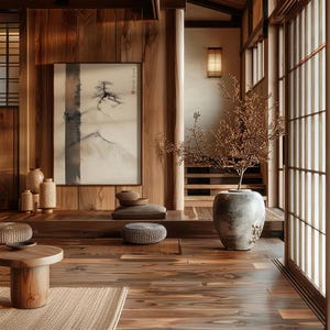 May include: A tranquil interior with wooden walls and flooring. A landscape painting is displayed. A stone vase contains a dried plant. Woven baskets and a small wooden table contribute to the minimalist design, creating a calming atmosphere.