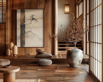 Whispering Pines — Japanese Minimal Ink Landscape | Wabi-Sabi Japandi Wall Art | Neutral Nature Print 698