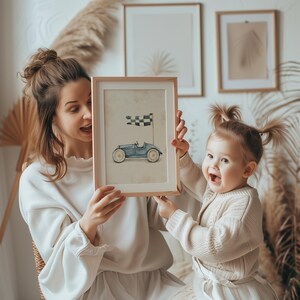 Soft watercolor racing car picture for child’s bedroom — playful and minimal artwork on a neutral background, ideal for transportation-themed spaces.