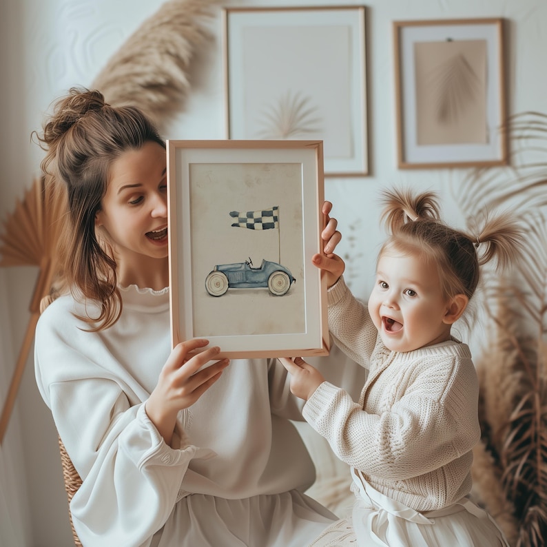 Soft watercolor racing car picture for child’s bedroom — playful and minimal artwork on a neutral background, ideal for transportation-themed spaces.