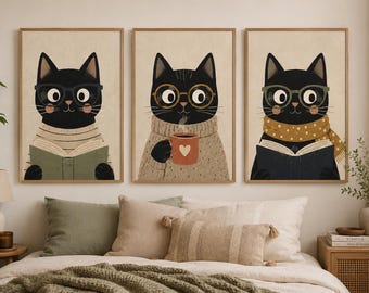 Set di 3 stampe per cameretta a tema lettura, gatto nero, decorazioni per bambini amanti dei libri, tema bosco, decorazioni per la cameretta dei bambini / B-20