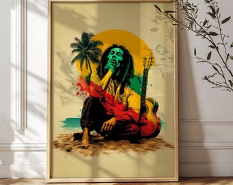 Reggae Art Poster - Beach Guitar Vibes mit Sonnenuntergang, Musikwandkunst, gedruckt und ausgeliefert 446