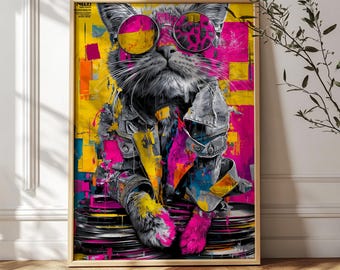 Wall Art Pop Art Cat With Records: Neon Punk Rock Style, Colorful Vinyl Decor (Matte Paper, Multiple Sizes Available) 1489