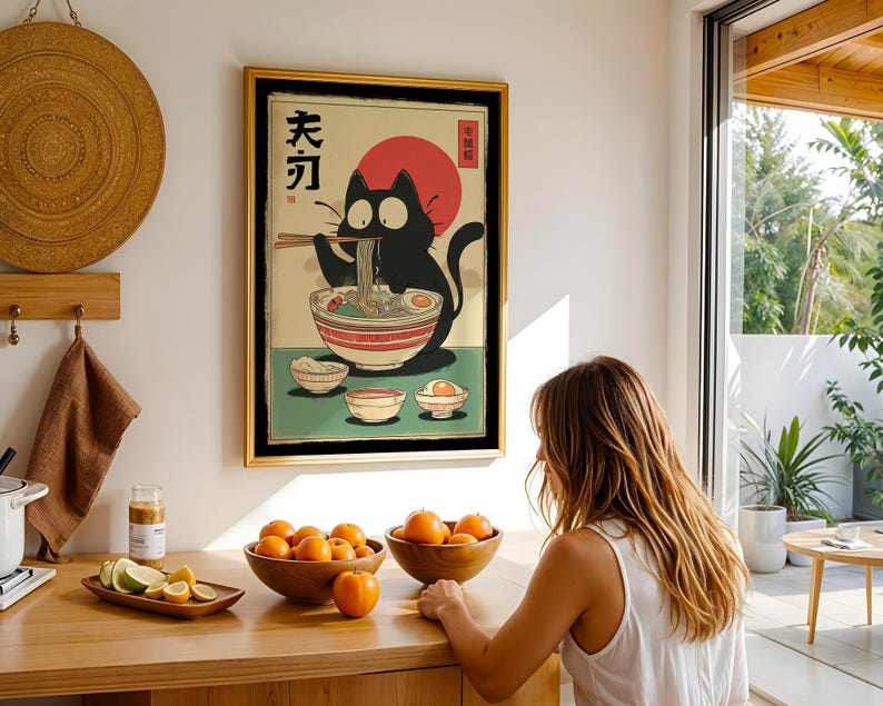 Hungry Cat in Tokyo" – Ramen Cat Poster | Vintage Noodles Print | Japanese Ramen Wall Art for Cat Lovers, hungry cat poster, noodles vintage cat, ramen cat poster, tokyo black cat art, ramen cat art print, ramen lover wall art, japanese ramen cat, cat food poster, japan cat poster, ramen noodles japan, cute cat ramen, japan food poster, noodle cat japan