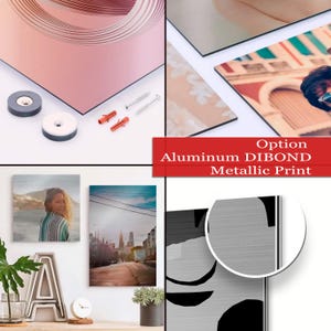 K&ouml;nnte beinhalten: Pr&auml;sentation von Aluminium-Dibond-Metallic-Drucken, die verschiedene Bilder zeigen. Die Drucke sind mit der mitgelieferten Hardware an einer Wand befestigt. Das Bild zeigt eine Nahaufnahme der metallischen Textur und der Montagehardware.